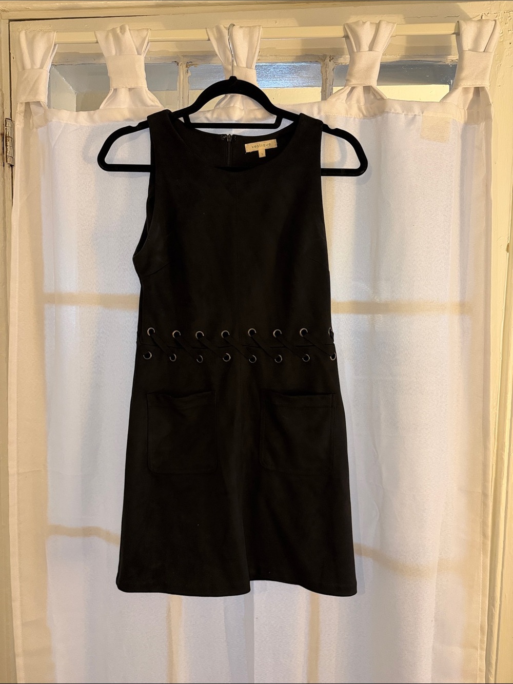 vestique Black Sleeveless Mini Dress with Eyelet Lace-Up Waist